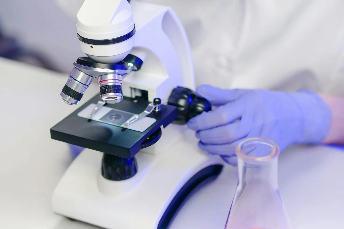 Gloved hands operating a microscope with a beaker on the lab bench, illustrating at-home and veterinary fecal testing for parasites in bearded dragons.