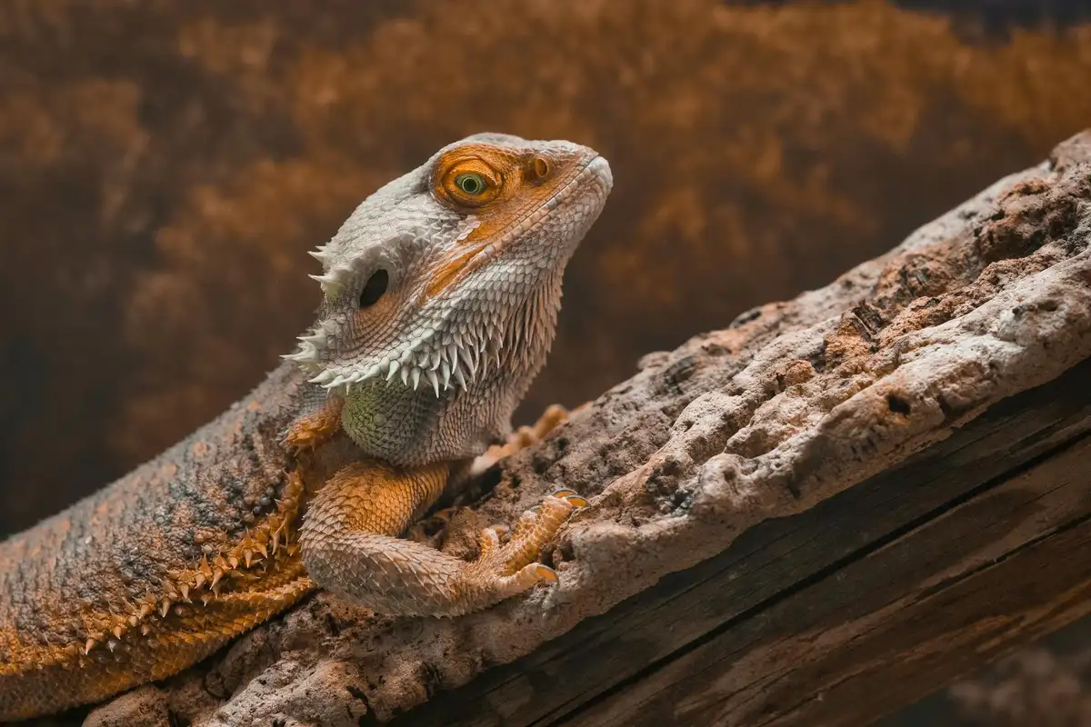 Bearded dragon perched on a textured branch, looking alert.