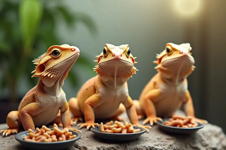 Three bearded dragons perched on a rock with small plates of mealworms in front of them