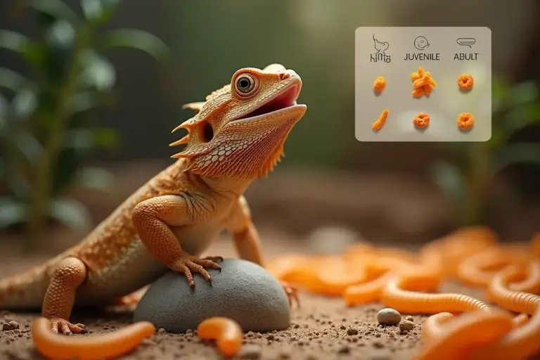 Bearded dragon perched on a rock in a terrarium with scattered orange superworms, and a small inset feeding-by-age guide in the upper-right corner.