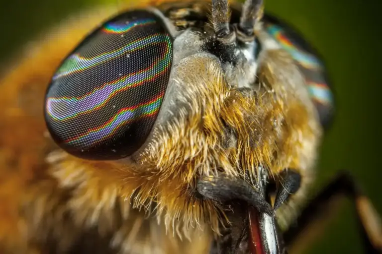 Macro photograph of a bee's head showing a colorful compound eye and golden-brown fuzzy hairs
