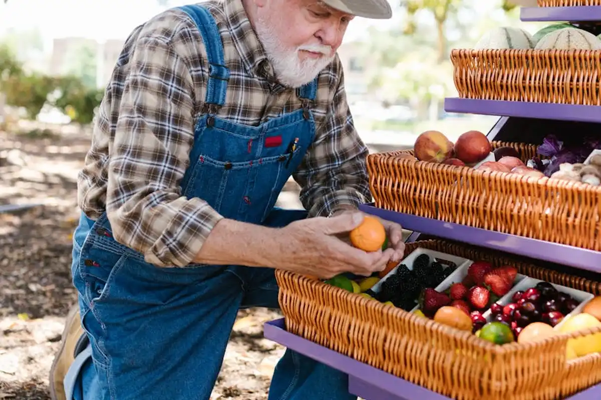 An older man with a white beard wearing plaid shirt and blue overalls selecting fresh produce from a multi-tiered wicker display at a farmers market.