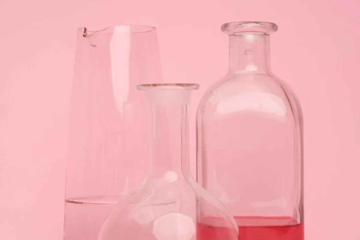 Pink-tinted laboratory glassware including flasks and a beaker illustrating a testing setup for at-home parasite testing.