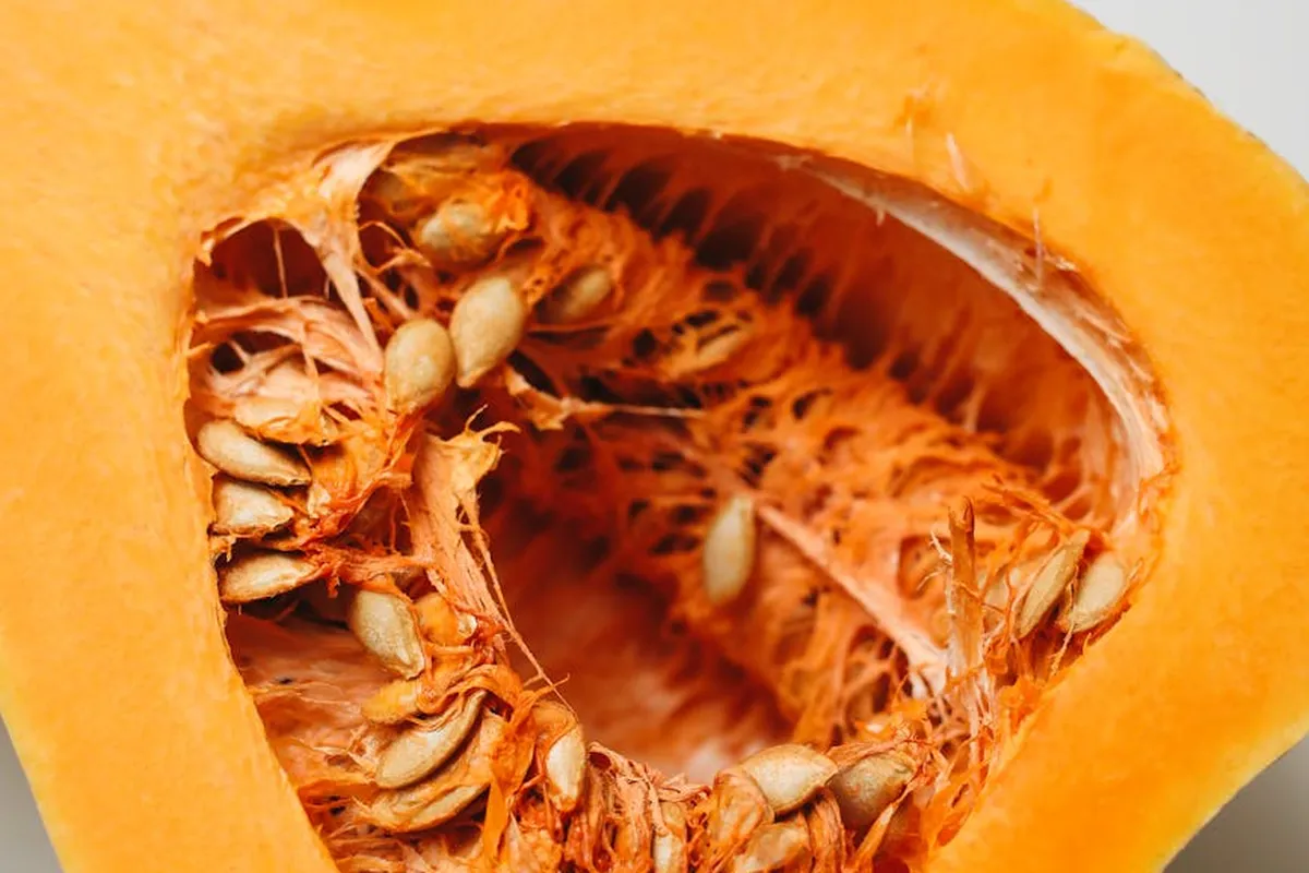 Close-up of a pumpkin's hollow interior with seeds and stringy pulp ready for cleaning.