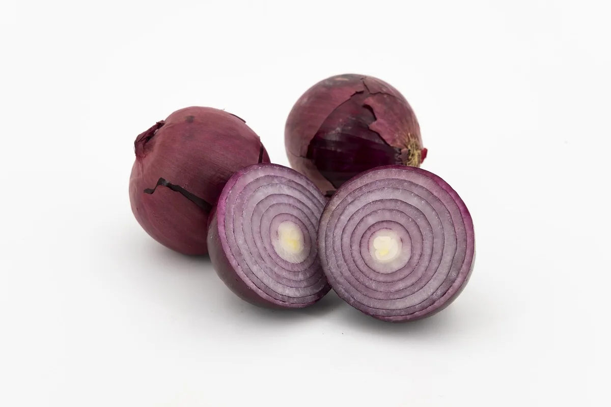 Two whole red onions and two onion halves showing purple rings on a white background.