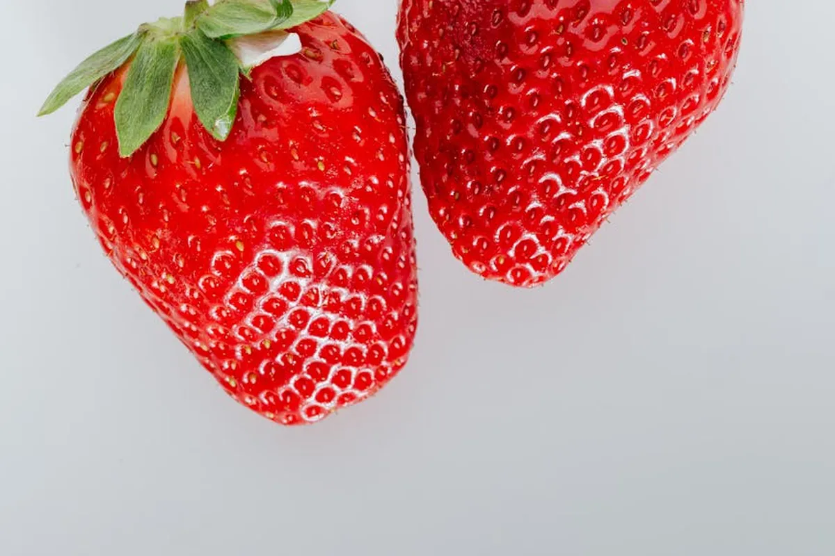 Two ripe strawberries with green leaves on a light gray background