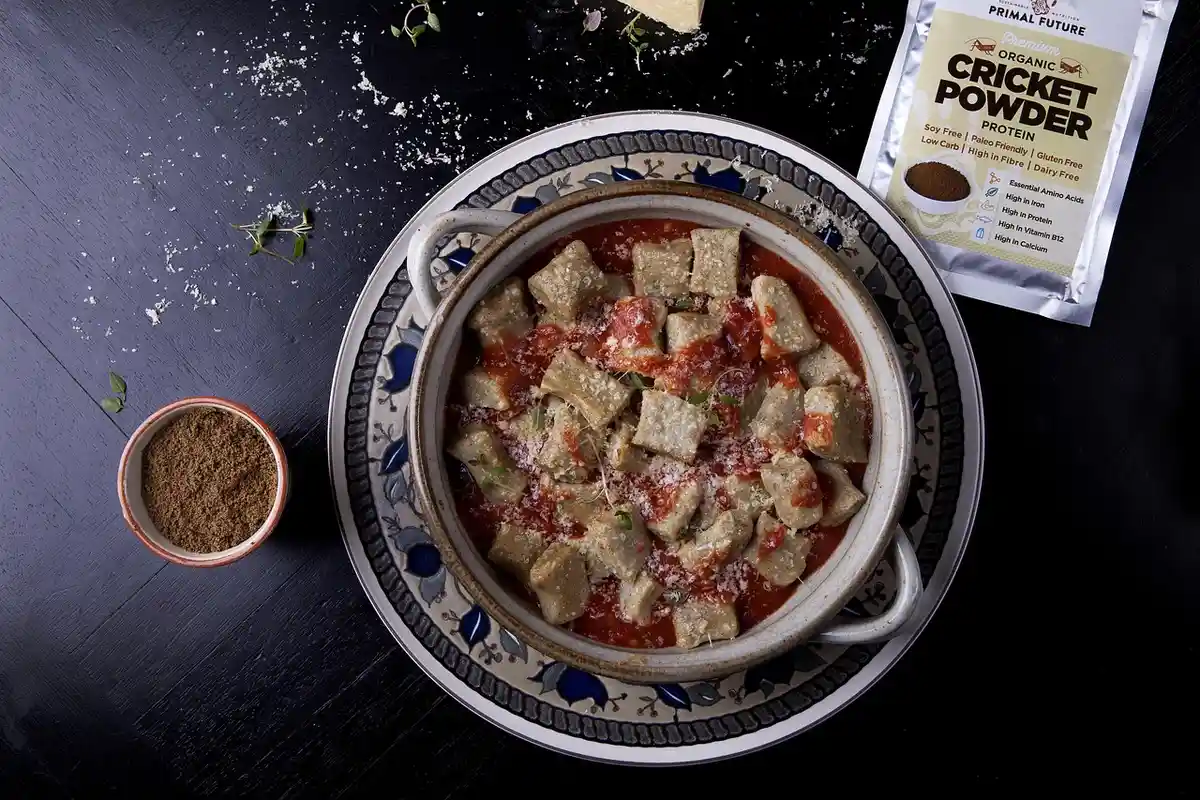 Overhead view of a meal setup: a patterned bowl filled with cubed morsels in sauce, a small bowl of powder on the side, and a cricket powder packet in the top-right corner, illustrating safe protein options for bearded dragons.