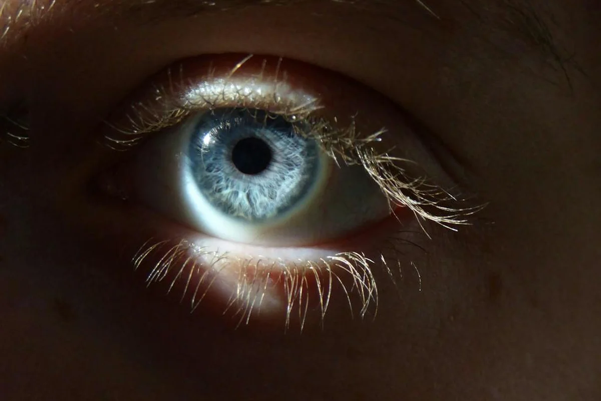 Close-up of a blue eye with visible iris details and surrounding lashes